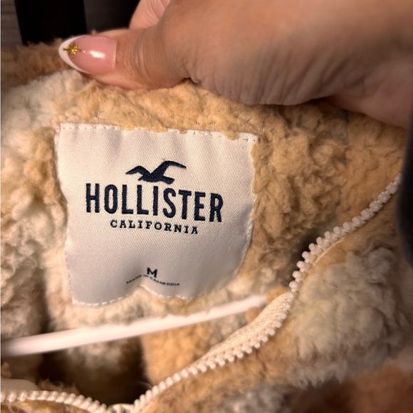 Hollister Women’s Sherpa Fleece Pullover Checkered Plaid Half Zip Tan White M - Picture 2 of 3